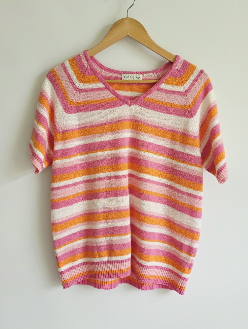 White Stag Pink, Orange & Cream Striped V-Neck Beachy Sweater Women's Size L